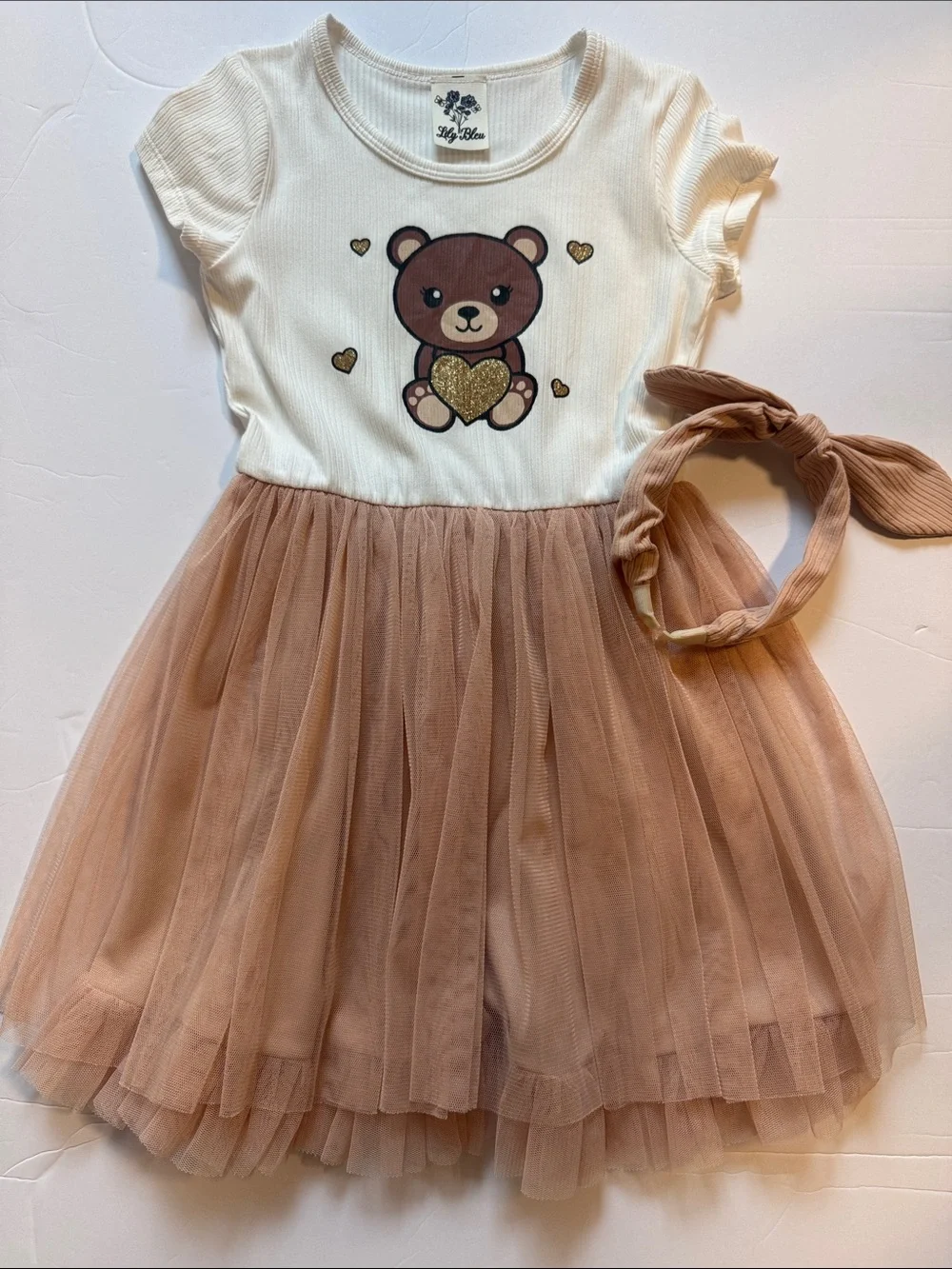 Lily Bleu Dress White Top with Brown Bear and Tulle Bottom